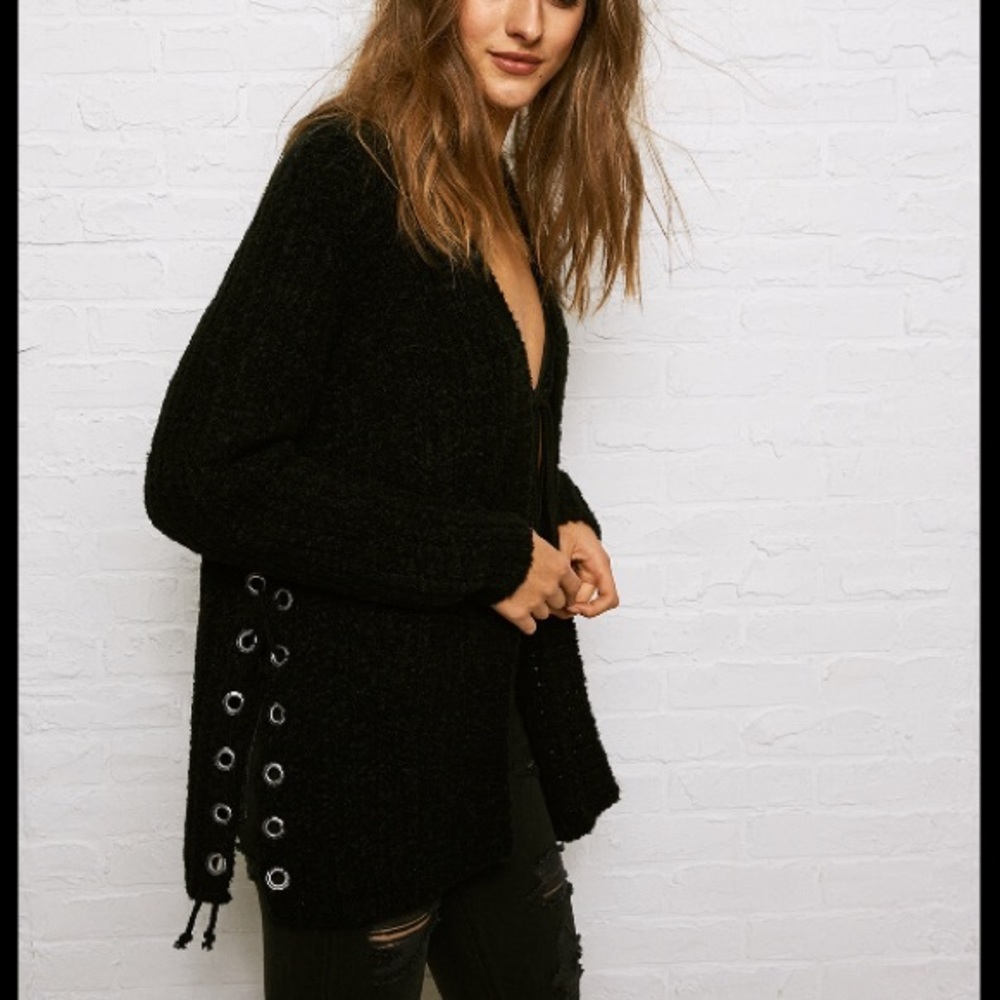 Lace Up Side Chunky Cardigan Sweater